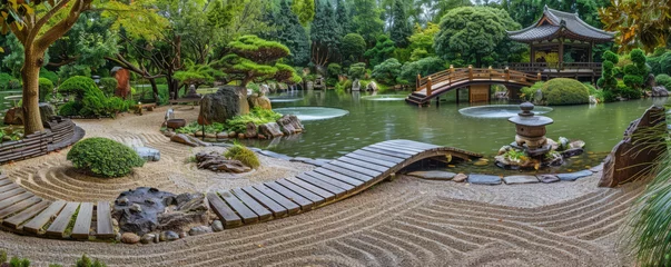 Fotobehang A tranquil Japanese Zen garden adorned with meticulously raked gravel, serene koi ponds, and lush bonsai trees. © mihrzn