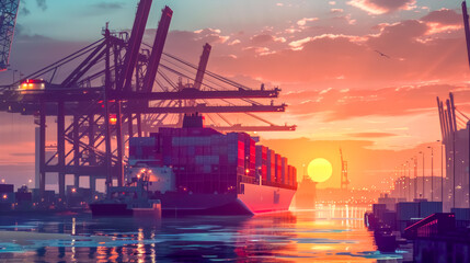 Sunset at the industrial harbor with cargo ship - obrazy, fototapety, plakaty