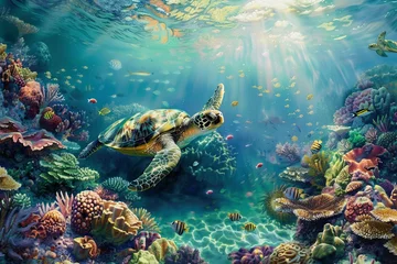 Foto op Canvas An underwater wonderland teeming with colorful coral reefs, playful sea turtles, and shimmering schools of fish. Sunlight filters through the crystal-clear water. © mihrzn
