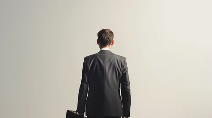 Rear view of a businessman with a briefcase looking ahead.
