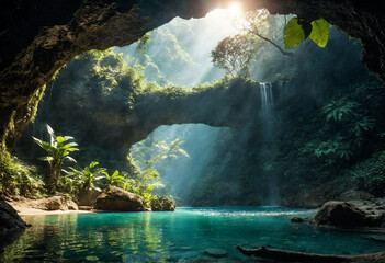 Beautiful water pond in a mysterious lush jungle
