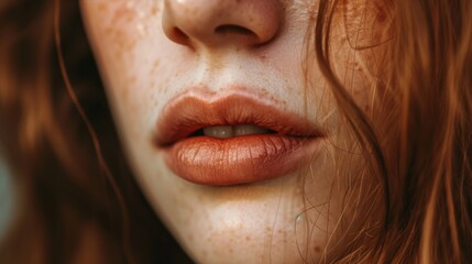 Close-up of young womans lips with natural makeup and light freckles on beige background.