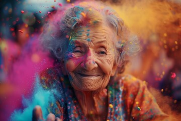 Portrait of a happy senior old lady celebrating Holi festival with bursts and splashes of vibrant, colorful Indian Holi powder. Active retirement. - obrazy, fototapety, plakaty