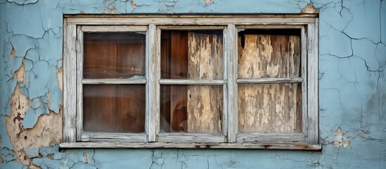 A sash window with wooden frame stands out on a weathered blue facade wall, adding character to the old building with peeling paint - obrazy, fototapety, plakaty