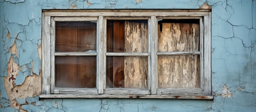 A sash window with wooden frame stands out on a weathered blue facade wall, adding character to the old building with peeling paint