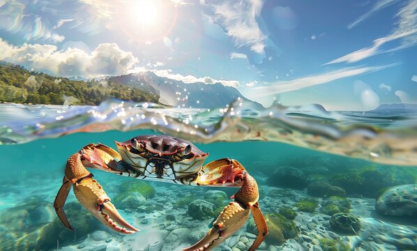 A majestic crab floating above crystal clear waters with a picturesque island in the background