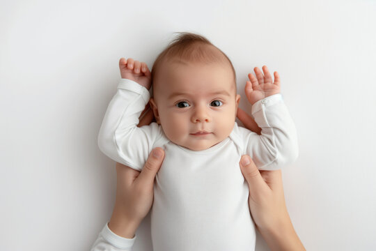 Overhead shot of a cute newborn baby laying on his back in a white onesie, with his mother's hands