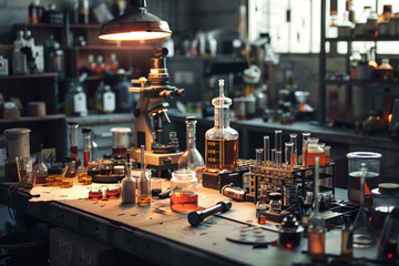 A scientific laboratory, capturing scientists conducting experiments amidst intricate instruments, test tubes, and scientific equipment. - obrazy, fototapety, plakaty