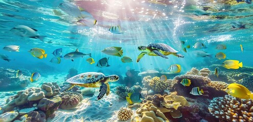 Graceful swimming of a sea turtle among a school of fish in the crystal clear waters of the ocean, illuminated by sunlight penetrating the surface - obrazy, fototapety, plakaty