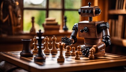 A whimsical wooden robot, styled with vintage aesthetics, engages in a strategic game of chess, illustrating concepts of artificial intelligence and leisure activities. - obrazy, fototapety, plakaty