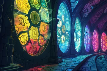 Fotobehang A surreal fantasy scene where cryptocurrencies clash with traditional money, combined with elements of stained glass and graffiti art in a holographic setting. © mihrzn