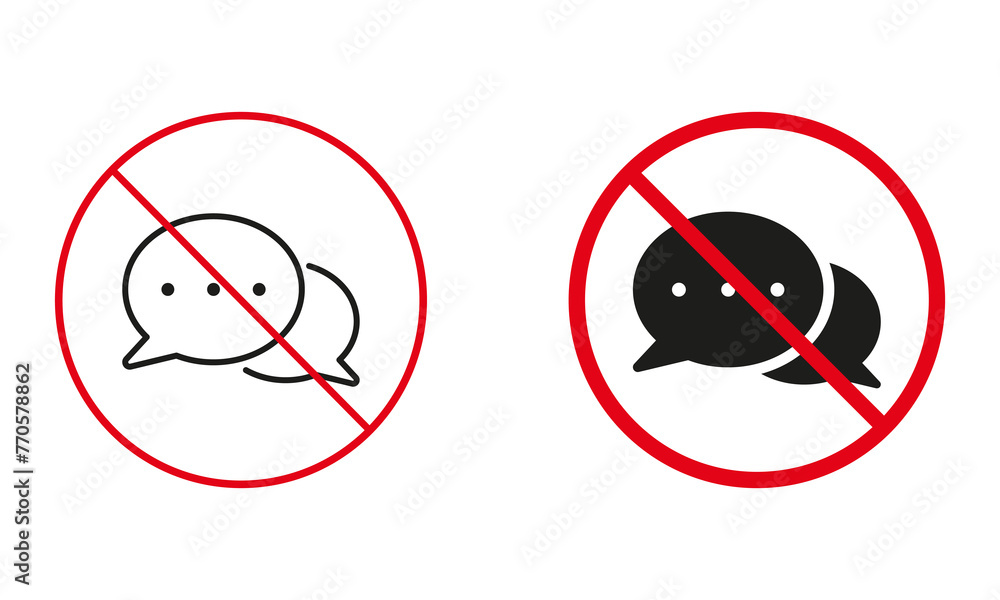 Poster chat not allowed, no dialog warning sign set. ban speech bubble line and silhouette icons. text and 