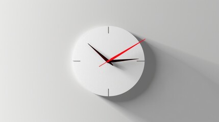 Modern white wall clock with red second hand casting a soft shadow, depicting passage of time.