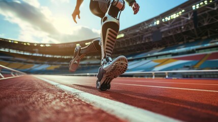 an athlete running around the stadium with a prosthetic leg. A disabled athlete. Healthy lifestyle, living with a disability - obrazy, fototapety, plakaty