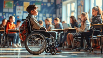 A happy handicapped child in a wheelchair in a school classroom among healthy children. An inclusive form of education