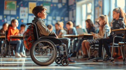 A happy handicapped child in a wheelchair in a school classroom among healthy children. An inclusive form of education - Powered by Adobe