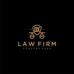 DX initial monogram for lawfirm logo with scales shield image
