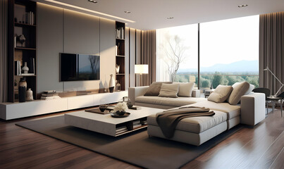 3d rendering luxury and modern living room with tv and dining area