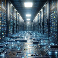a large server room with rows of servers, a stock photo by Stanley Twardowicz, trending on shutterstock, computer art, stockphoto, stock photo, quantum wavetracing