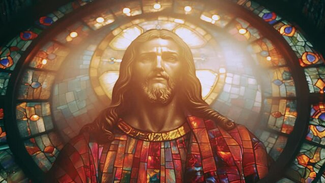 Jesus in church with The Sun's Rays Streaming Through Stained Glass Windows of The Cathedral, Blessing The Church With A Heavenly Light that Enters House Of The Lord. A Reminder Of God's Love 4k