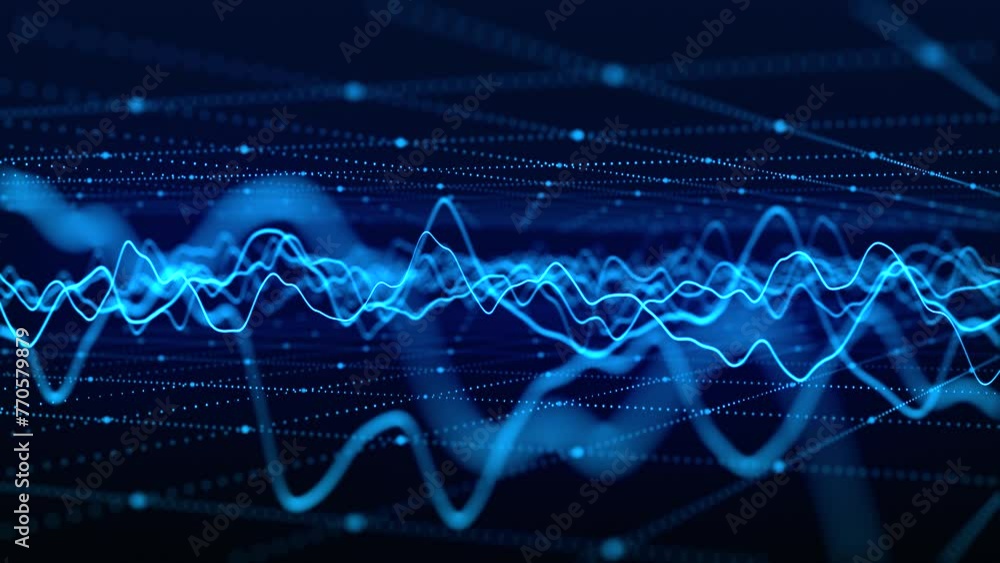Poster wave of particles. futuristic pattern of dots and lines on a dark background. visualization of sound