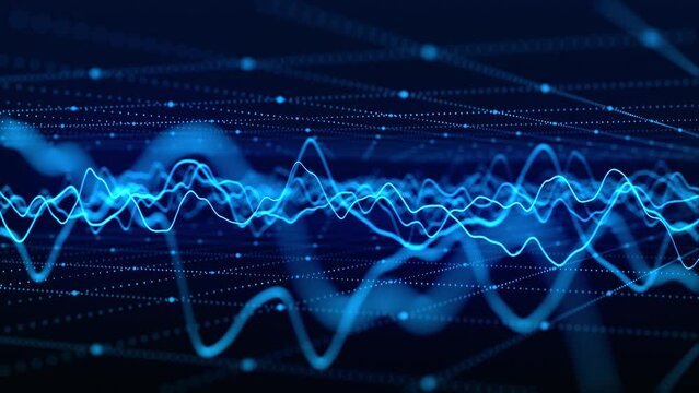 Wave of particles. Futuristic pattern of dots and lines on a dark background. Visualization of sound waves. Big data digital code. Technology or science banner. 3D rendering. 4K animation.