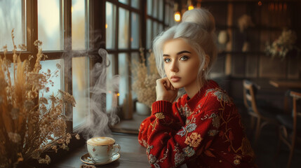 a girl in bright red sweater sitting at a table in a dining room