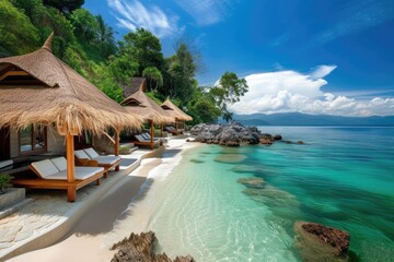Beautiful tropical beach with sunbeds and umbrellas. - obrazy, fototapety, plakaty