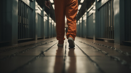 The legs of a prisoner walking along a path in a prison cell - obrazy, fototapety, plakaty