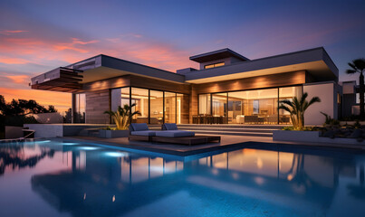 3d rendering of modern cozy house with pool and parking for sale or rent in luxurious style. Sunset with beautiful sky