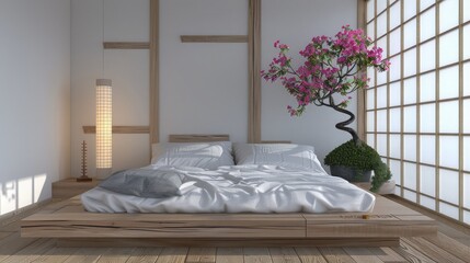 Minimalist bedroom in japanese style in white and gray tones, parquet floor, double wooden bed with pillows and duvet, flowered bonsai, close up, lamps, modern interior design