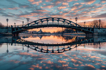 Historic Iron Bridge Reflecting on Calm Waters: A Testament to Industrial-Era Architecture