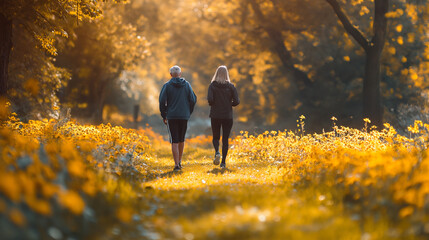 An elderly couple taking a walk to exercise in the park. - obrazy, fototapety, plakaty