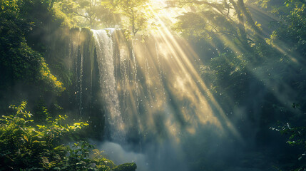 A backlit waterfall with sunlight streaming through the mist creating a luminous effect. - obrazy, fototapety, plakaty