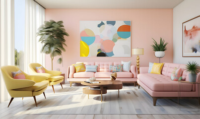 3d rendering of living room with pink and blue sofas