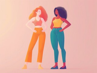 Two vibrant cartoon women stand confidently, celebrating diversity and friendship.