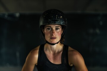 Roller sport athlete in helmet, intensity in her gaze