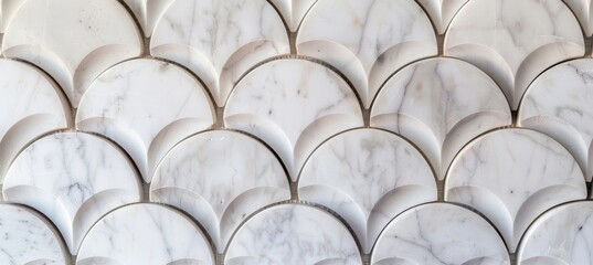 Close up of white marble mosaic tile pattern with arched shapes. Abstract background, texture and wallpaper for interior design in bathroom or kitchen