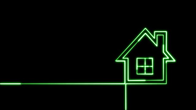 Neon home icon animation, shiny symbol. glowing House, home building animation. Glowing House simple icon, sign. Neon home panoramic. Social media communication concept