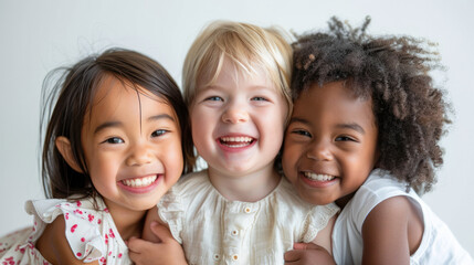 Diverse Childhood Joy: Three Kids Embracing and Laughing