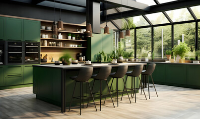 Dark green kitchen interior with wooden floor and wooden countertops. 3d rendering