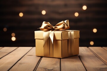 Gift box with golden bow on wooden table against defocused lights