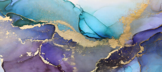Abstract blue, violet and gold glitter colour background. Marble texture. Alcohol ink colours. Generative AI.