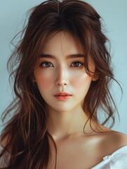 Naklejka premium The facial features are consistent with the original picture , Asian people，Bright white background,girl,portrait of a beautiful young 20-year-old star,Hongkong Actor