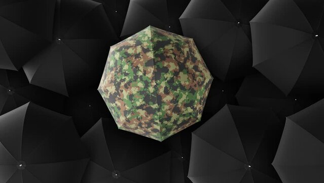 Realistic looping 3D animation of the spinning khaki camouflage military pattern single umbrella surrounded by black umbrellas rendered in UHD as motion background