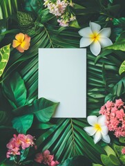 Mock up of a blank card on vibrant tropical foliage background