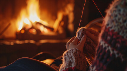 A cozy evening knitting session by the fireplace hands skillfully working the yarn. - obrazy, fototapety, plakaty