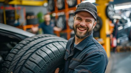 Happy Car Mechanic Holding Tire for Replacement