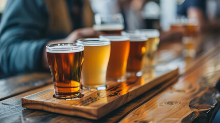 A craft beer tasting session in a local brewery enthusiasts savoring different flavors. - obrazy, fototapety, plakaty