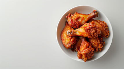 Fried chicken wings in a white bowl on a gray background. Flat lay composition with copy space. Casual dining and comfort food concept for design and menu
